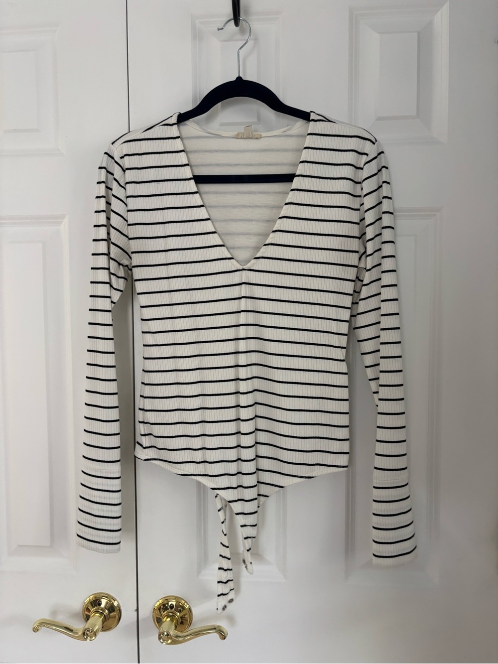 Pilcro White and Black Striped Ribbed V-Neck Tie-Front Bodysuit